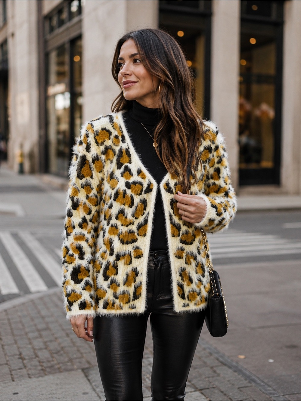 Faux Fur Leopard Print Open Cardigan Jacket - Yellow/Black
